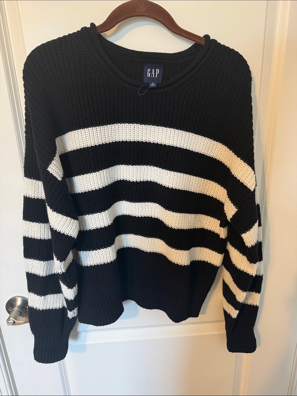 GAP Black White Striped Chunky Knit Sweater Cotton Crewneck Coastal Size M